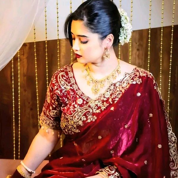 First Day at In-Laws Soft Satin Embroidery Saree & Stiched Blouse -