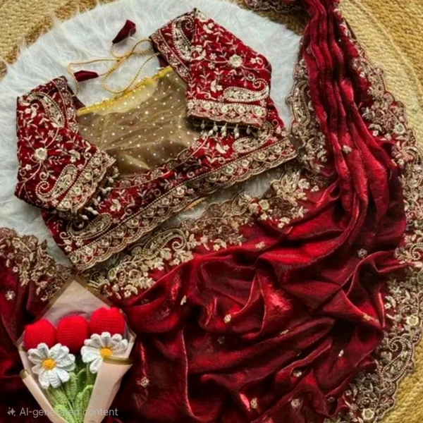 First Day at In-Laws Soft Satin Embroidery Saree & Stiched Blouse -