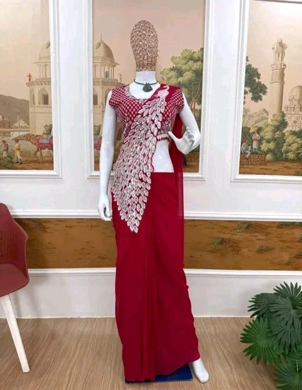 Bollywood Style Ready To Wear Saree With Fully Embrodered Style Blouse On Faux Georgette Fabric