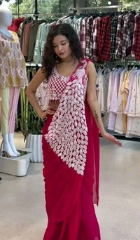 Bollywood Style Ready To Wear Saree With Fully Embrodered Style Blouse On Faux Georgette Fabric