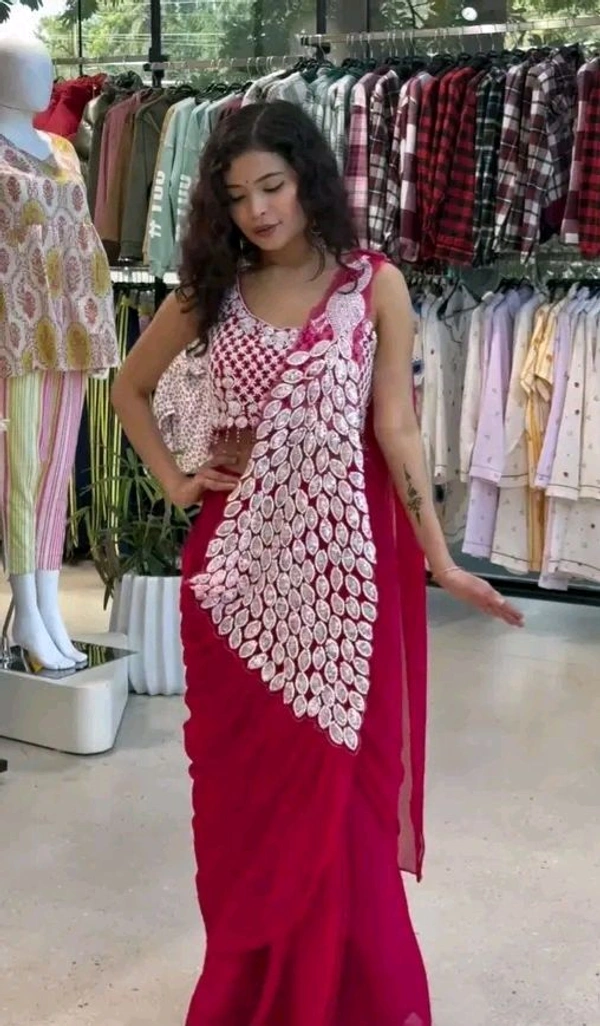 Bollywood Style Ready To Wear Saree With Fully Embrodered Style Blouse On Faux Georgette Fabric