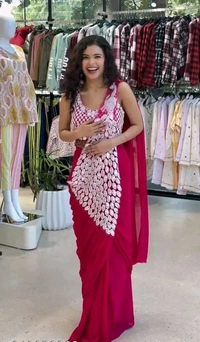 Bollywood Style Ready To Wear Saree With Fully Embrodered Style Blouse On Faux Georgette Fabric
