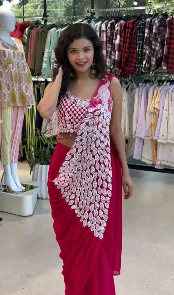 Bollywood Style Ready To Wear Saree With Fully Embrodered Style Blouse On Faux Georgette Fabric