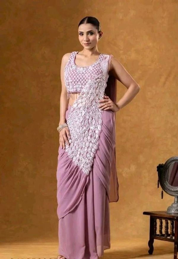 Easy Draping Ready To Wear Georgette Saree With Heavy Embroidered Stylish Blouse For Women