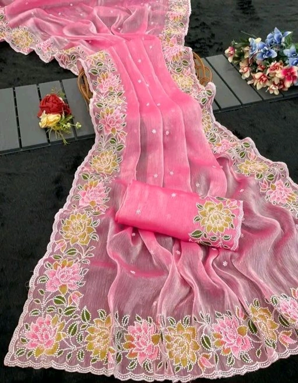 Pink Floral Embroidered Organza Saree for Women with Blouse | Lightweight Party Wear Soft Organza Saree