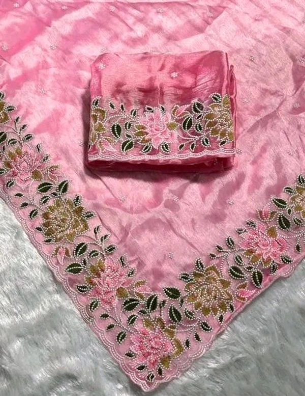 Pink Floral Embroidered Organza Saree for Women with Blouse | Lightweight Party Wear Soft Organza Saree