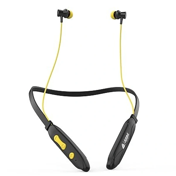 NB128 Happy 24 Hours Playing Time | Deep Bass | Made in India Neckband Earphone Bluetooth Headset (Black, Yellow) - Blue