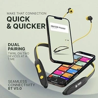 NB128 Happy 24 Hours Playing Time | Deep Bass | Made in India Neckband Earphone Bluetooth Headset (Black, Yellow) - Blue