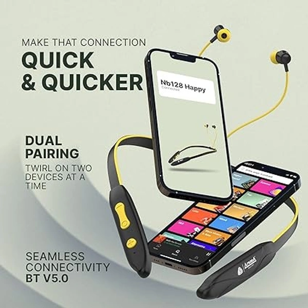 NB128 Happy 24 Hours Playing Time | Deep Bass | Made in India Neckband Earphone Bluetooth Headset (Black, Yellow) - Blue