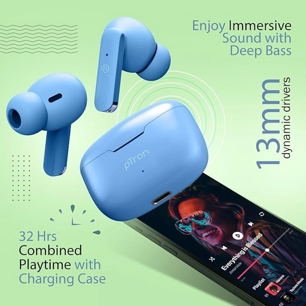 Bassbuds Duo in-Ear Wireless Earbuds, Immersive Sound, 32Hrs Playtime, Clear Calls TWS Earbuds, Bluetooth V5.1 Headphone, Type-C Fast Charging, Voice Assist & IPX4 Water Resistant (Blue Matt) - Blue