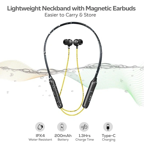 Tangent Duo Bluetooth 5.2 Wireless in-Ear Headphones, 13mm Driver, Deep Bass, HD Calls, Fast Charging Type-C Wireless Neckband, Dual Pairing, Voice Assistant& IPX4 Water Resistant (Yellow/Black) - Black