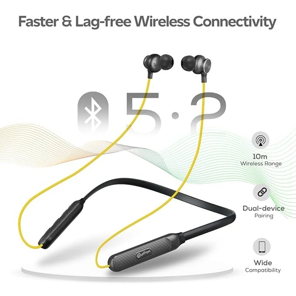 Tangent Duo Bluetooth 5.2 Wireless in-Ear Headphones, 13mm Driver, Deep Bass, HD Calls, Fast Charging Type-C Wireless Neckband, Dual Pairing, Voice Assistant& IPX4 Water Resistant (Yellow/Black) - Black