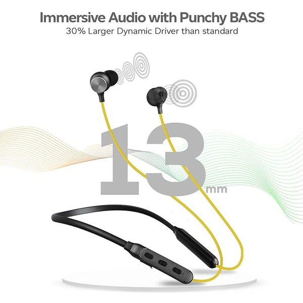 Tangent Duo Bluetooth 5.2 Wireless in-Ear Headphones, 13mm Driver, Deep Bass, HD Calls, Fast Charging Type-C Wireless Neckband, Dual Pairing, Voice Assistant& IPX4 Water Resistant (Yellow/Black) - Black