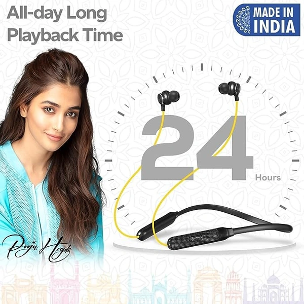 Tangent Duo Bluetooth 5.2 Wireless in-Ear Headphones, 13mm Driver, Deep Bass, HD Calls, Fast Charging Type-C Wireless Neckband, Dual Pairing, Voice Assistant& IPX4 Water Resistant (Yellow/Black) - Black