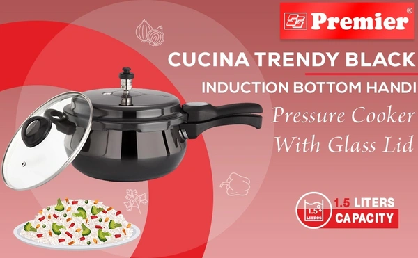 premier cucina trendy black handi pressure cooker with glass lid 1.5 ltr - 3.0