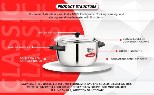 PREMIER stainless steel milk boiler 1.0 Ltr - 2.0Ltr