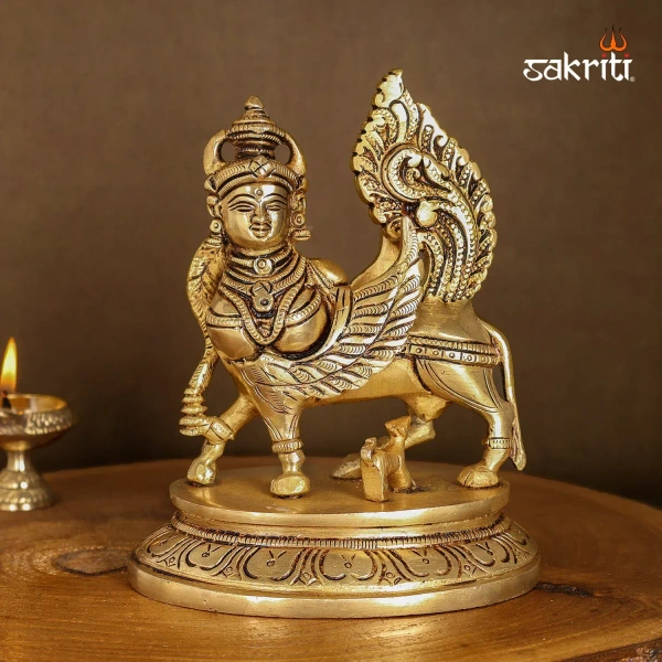 shri valli 7" kamadhenu cow and calf idol brass statue with wooden base