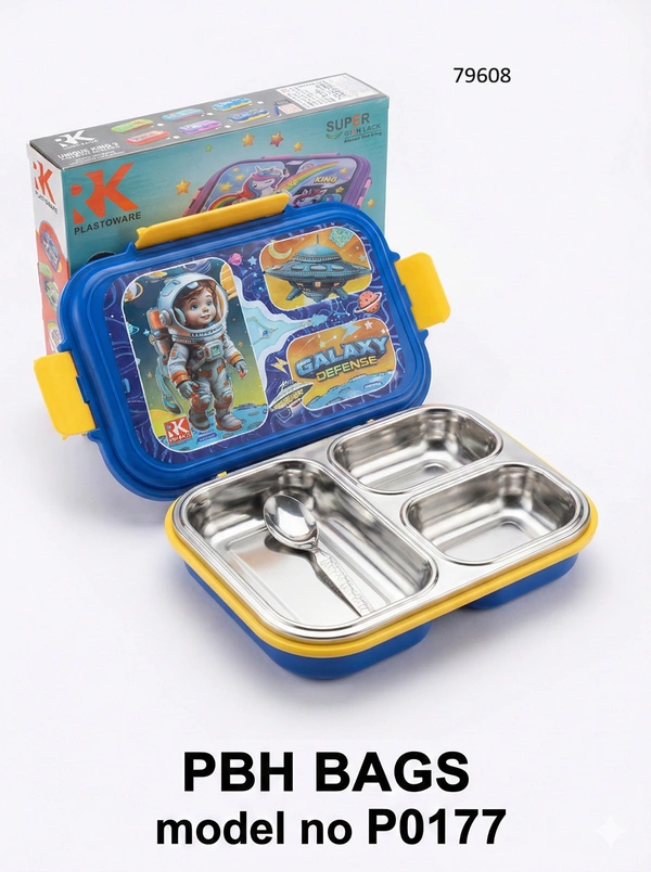 PBH BAGS Kids Lunch Box (Model P0177) – RK Plastoware Unique King 3 | 3-Compartment Stainless Steel Insulated Tiffin with Spoon