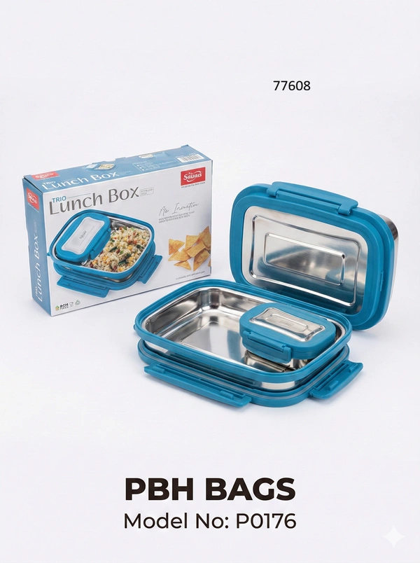 PBH BAGS Stainless Steel Lunch Box (Model P0176) – Sauras Trio Series | Leak-Proof Tiffin with Steel Lid & Inner Dip Container - Waikawa Gray