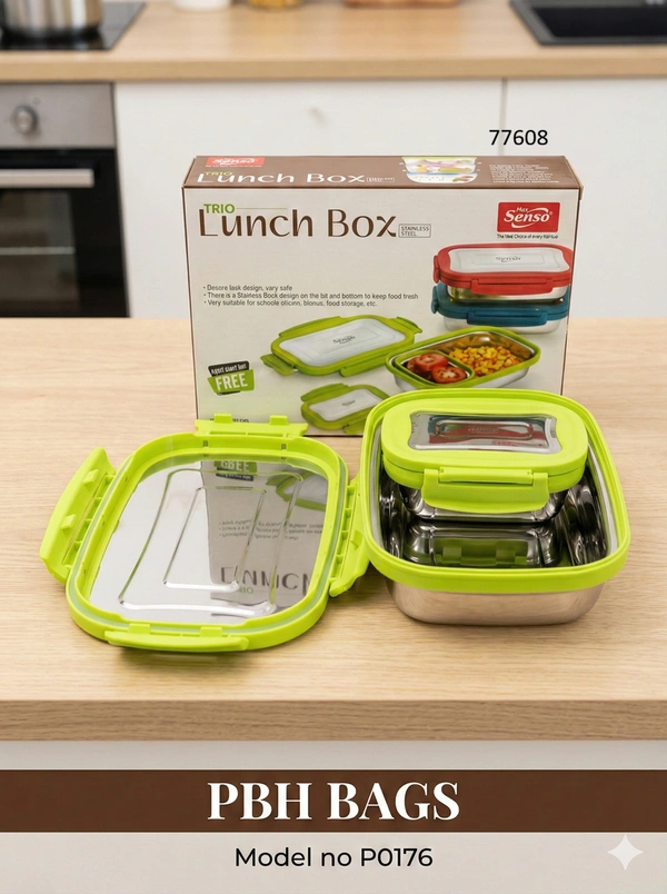 PBH BAGS Stainless Steel Lunch Box (Model P0176) – Sauras Trio Series | Leak-Proof Tiffin with Steel Lid & Inner Dip Container - Asparagus