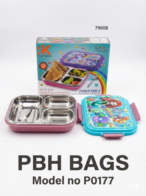 PBH BAGS Kids Lunch Box (Model P0177) – RK Plastoware Unique King 3 | 3-Compartment Stainless Steel Insulated Tiffin with Spoon - Downy