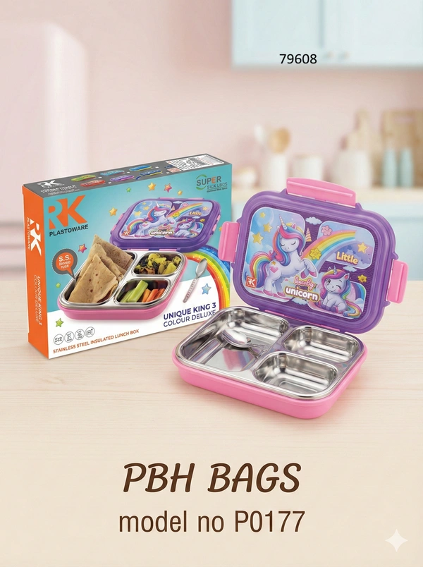 PBH BAGS Kids Lunch Box (Model P0177) – RK Plastoware Unique King 3 | 3-Compartment Stainless Steel Insulated Tiffin with Spoon - Fuchsia Pink