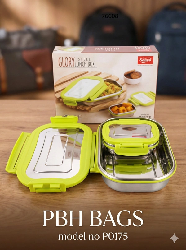 PBH BAGS Premium Stainless Steel Lunch Box (Model P0175) – Seamo Glory Series | Leak-Proof Tiffin with Steel Lid & Inner Container - Sushi