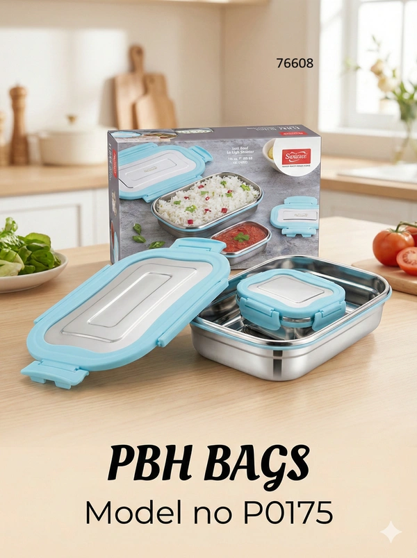 PBH BAGS Premium Stainless Steel Lunch Box (Model P0175) – Seamo Glory Series | Leak-Proof Tiffin with Steel Lid & Inner Container - Aquamarine