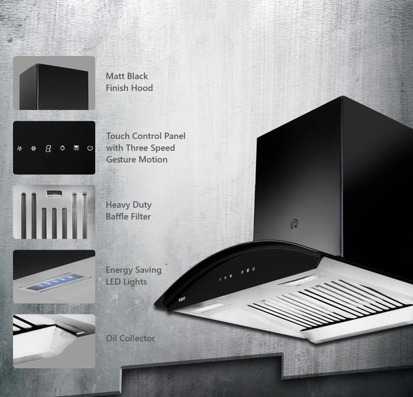 KAFF PRIMA TX DHC 60/75/90 | Dry Heat Auto CLean Chimney | Gesture Control - 90 Cm, Black