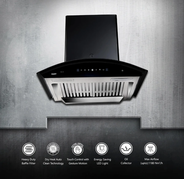 KAFF PRIMA TX DHC 60/75/90 | Dry Heat Auto CLean Chimney | Gesture Control - 90 Cm, Black