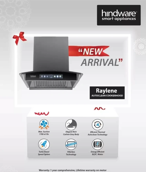 hindware Hindware RAYLENE 90 | Filterless Technology | MaxX Suction 1700 m³/hr* | BLDC Motor | Auto Clean Wall Mounted Chimney (GREY 1700 CMH) - 90cm, Gray, Installation Call 03371646333