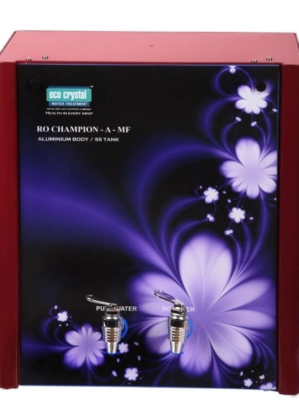 Eco Crystal RO champion A-MF (Water Saver) | RO+UV | Wall Mount Accessory | Zero Water Wastage from pure water | 2 Faucet water Output: Pure water & RO water | 10L Stainless Steel Tank | Red Colour with Elegant Floral Design/| Magnetised Pure Water Technology I Fire Resistance Aluminium BodyI Multi functional cooking washing drinking - Bright Red, 41L x 32W x 45H Centimeters