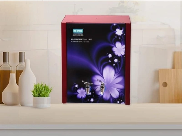 Eco Crystal RO champion A-MF (Water Saver) | RO+UV | Wall Mount Accessory | Zero Water Wastage from pure water | 2 Faucet water Output: Pure water & RO water | 10L Stainless Steel Tank | Red Colour with Elegant Floral Design/| Magnetised Pure Water Technology I Fire Resistance Aluminium BodyI Multi functional cooking washing drinking - Bright Red, 41L x 32W x 45H Centimeters