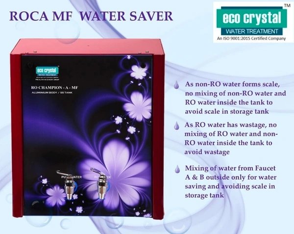 Eco Crystal RO champion A-MF (Water Saver) | RO+UV | Wall Mount Accessory | Zero Water Wastage from pure water | 2 Faucet water Output: Pure water & RO water | 10L Stainless Steel Tank | Red Colour with Elegant Floral Design/| Magnetised Pure Water Technology I Fire Resistance Aluminium BodyI Multi functional cooking washing drinking - Bright Red, 41L x 32W x 45H Centimeters