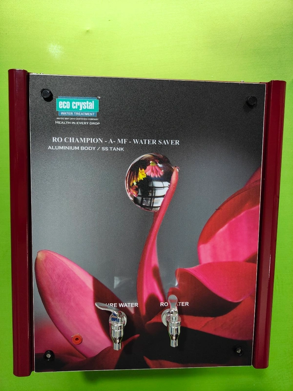 Eco Crystal RO champion A-MF (Water Saver) | RO+UV | Wall Mount Accessory | Zero Water Wastage from pure water | 2 Faucet water Output: Pure water & RO water | 10L Stainless Steel Tank | Red Colour with Elegant Floral Design/| Magnetised Pure Water Technology I Fire Resistance Aluminium BodyI Multi functional cooking washing drinking - Bright Red, 41L x 32W x 45H Centimeters