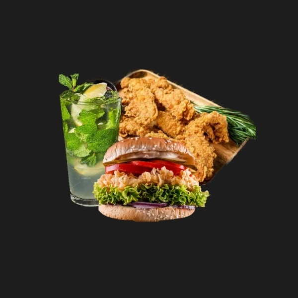 CHICKEN BURGER + HOT SHOT 3 Pcs + MOJITO MINT 