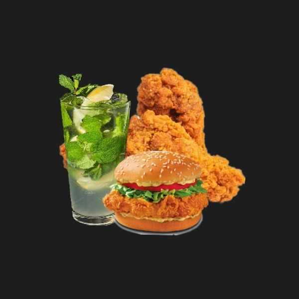 TANDOORI CHICKEN BURGER + BONE SHOT 3 Pcs + MOJITO MINT