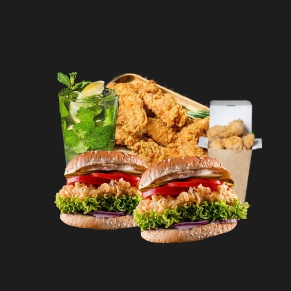 2 CHICKEN  BURGER + 3Pcs HOT SHOT  + MINT MOJITO