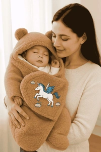 Newborn Baby Winter Sleeping Wrap | Soft Plush Baby Swaddle with Hood (0–6 Months) - Raw Sienna, Width 26 Inchh * Length 29 Inch, Baby Clothes