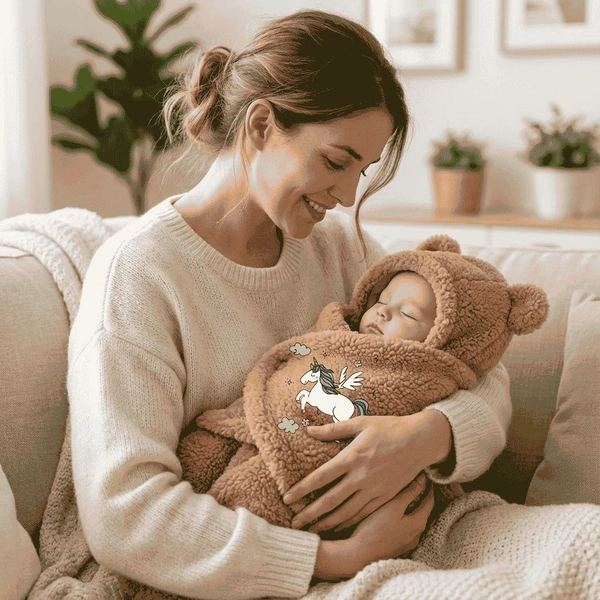 Newborn Baby Winter Sleeping Wrap | Soft Plush Baby Swaddle with Hood (0–6 Months) - Raw Sienna, Width 26 Inchh * Length 29 Inch, Baby Clothes