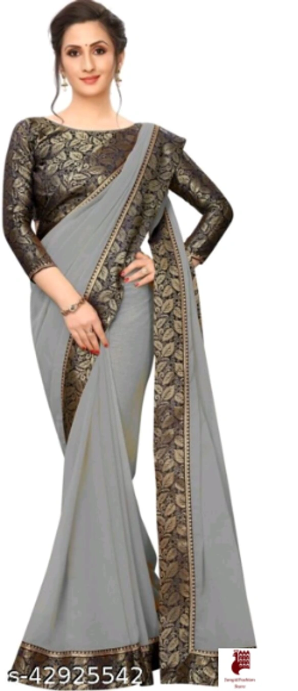 Aagyeyi Ensemble Sarees - 1, FREE SIZE, Georgette, GRAY, plain saree with lace, INDIA