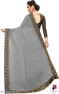 Aagyeyi Ensemble Sarees - 1, FREE SIZE, Georgette, GRAY, plain saree with lace, INDIA