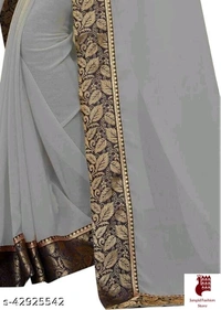 Aagyeyi Ensemble Sarees - 1, FREE SIZE, Georgette, GRAY, plain saree with lace, INDIA