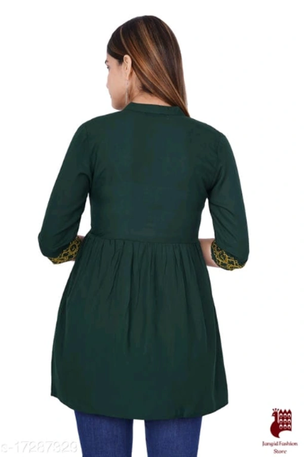 Abhisarika Petite Kurtis - 1, S, Rayon, Embroidered, Three-Quarter Sleeves, GREEN