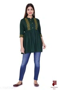 Abhisarika Petite Kurtis - 1, S, Rayon, Embroidered, Three-Quarter Sleeves, GREEN