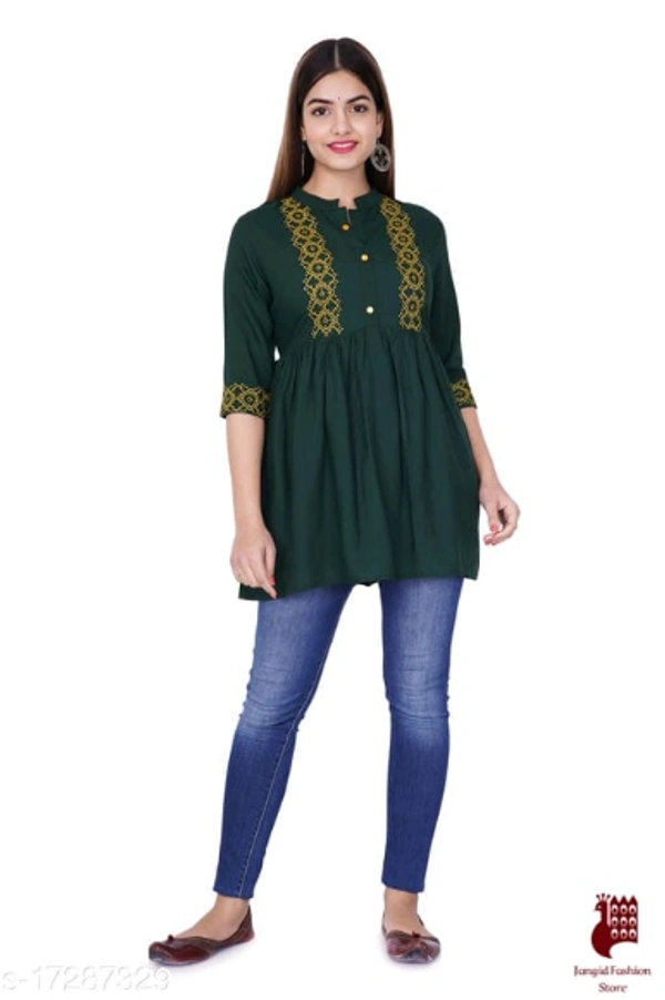 Abhisarika Petite Kurtis - 1, S, Rayon, Embroidered, Three-Quarter Sleeves, GREEN