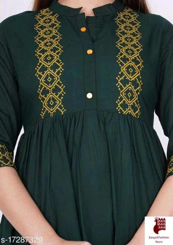 Abhisarika Petite Kurtis - 1, S, Rayon, Embroidered, Three-Quarter Sleeves, GREEN