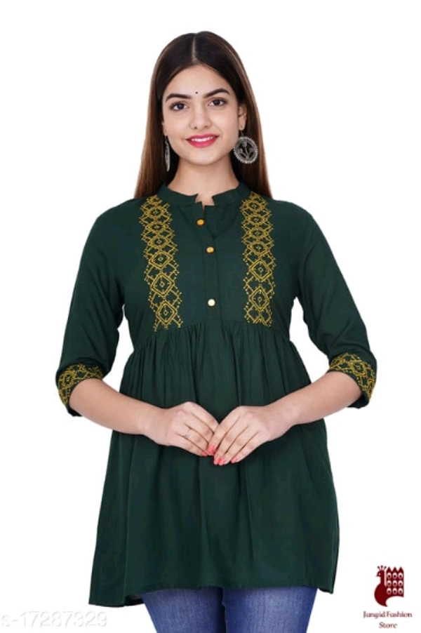 Abhisarika Petite Kurtis - 1, M, Rayon, Embroidered, Three-Quarter Sleeves, GREEN