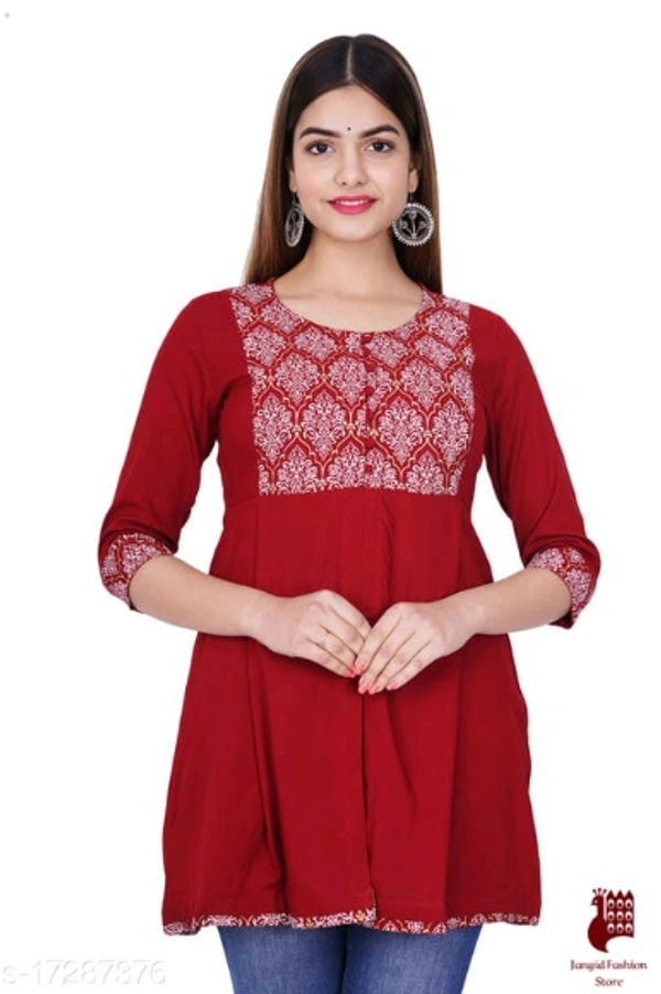 Trendy Sensational Kurtis Trendy Ensemble Kurtis - 1, S, Rayon, Printed, Three-Quarter Sleeves, RED