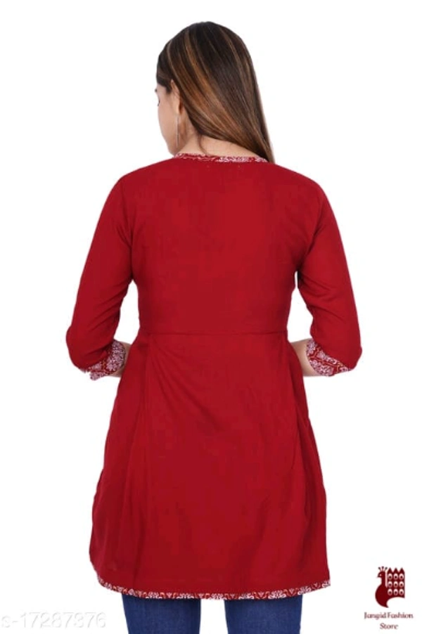 Trendy Sensational Kurtis Trendy Ensemble Kurtis - 1, S, Rayon, Printed, Three-Quarter Sleeves, RED